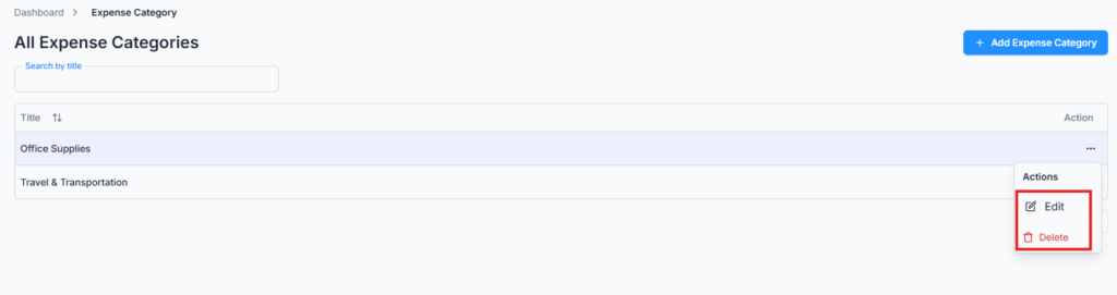 Expense category Action menu